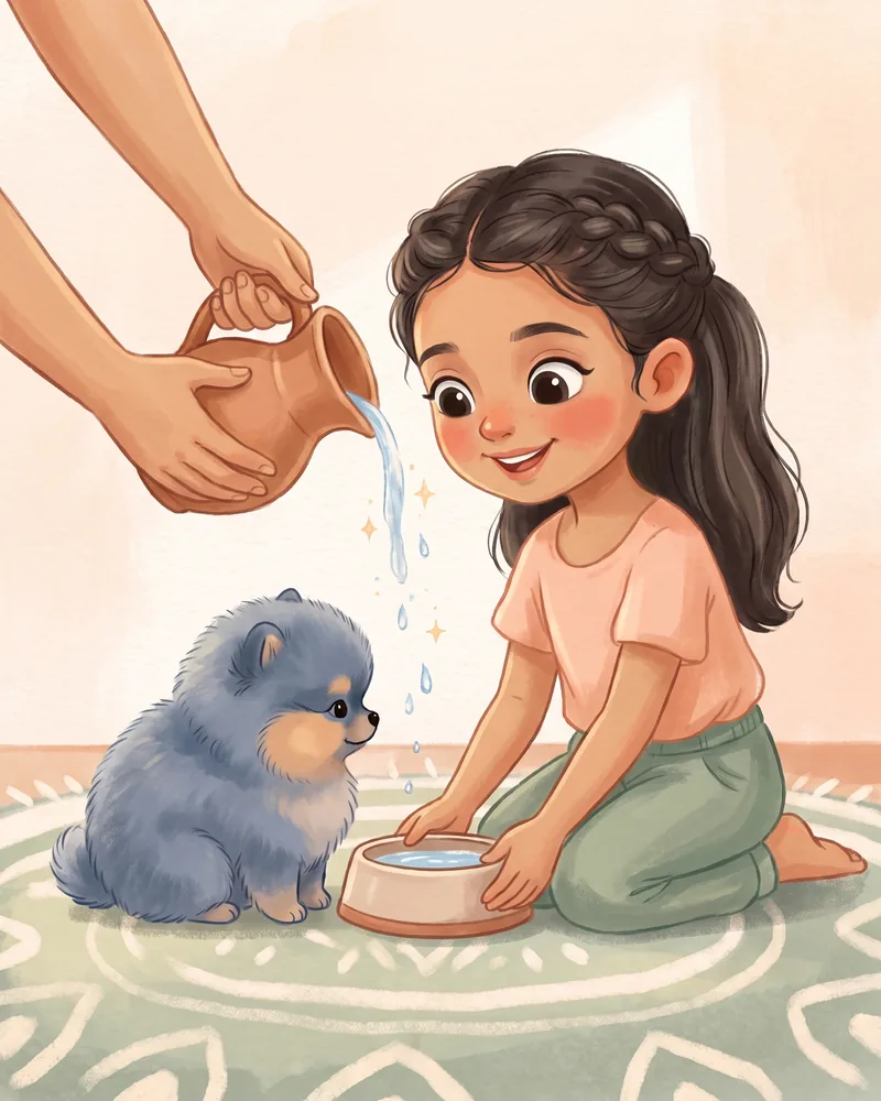 Las manos de un adulto sirven agua de una jarra en el plato del cachorro mientras la niña sostiene el plato.