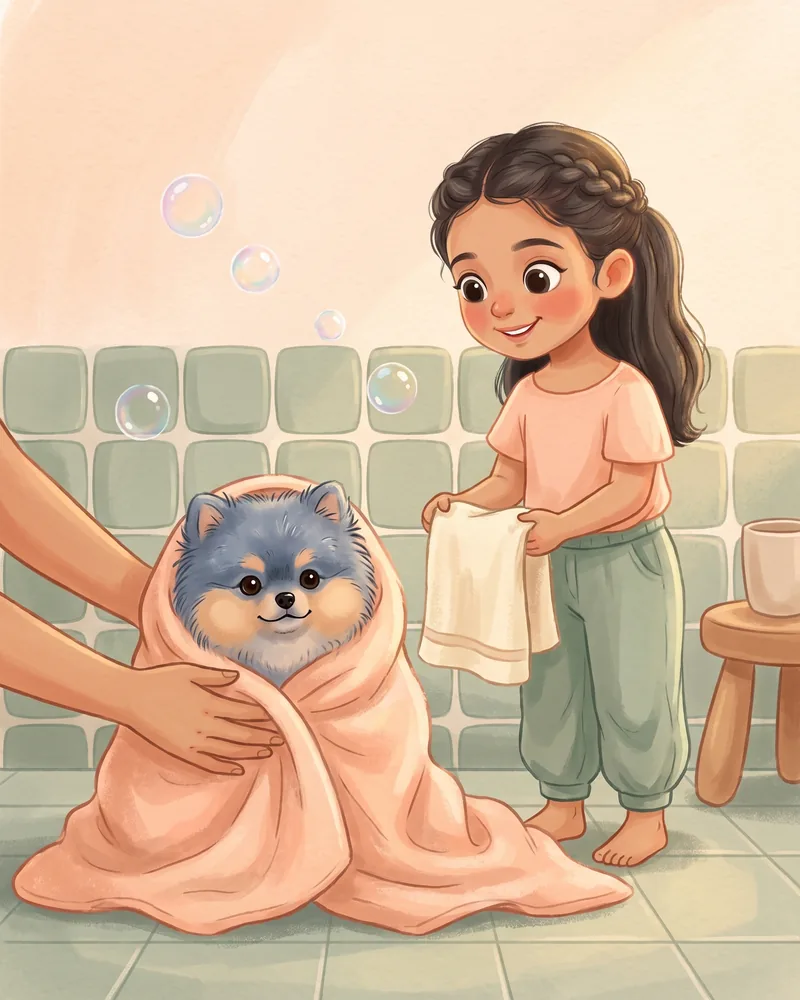 El cachorro envuelto en una toalla color durazno mientras un adulto lo seca y la niña sostiene otra toalla.
