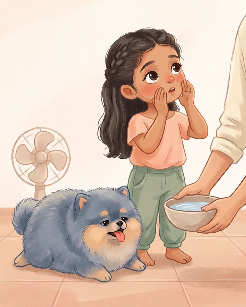 El cachorro jadea sobre el piso fresco frente a un ventilador mientras la niña llama a un adulto que llega con agua.