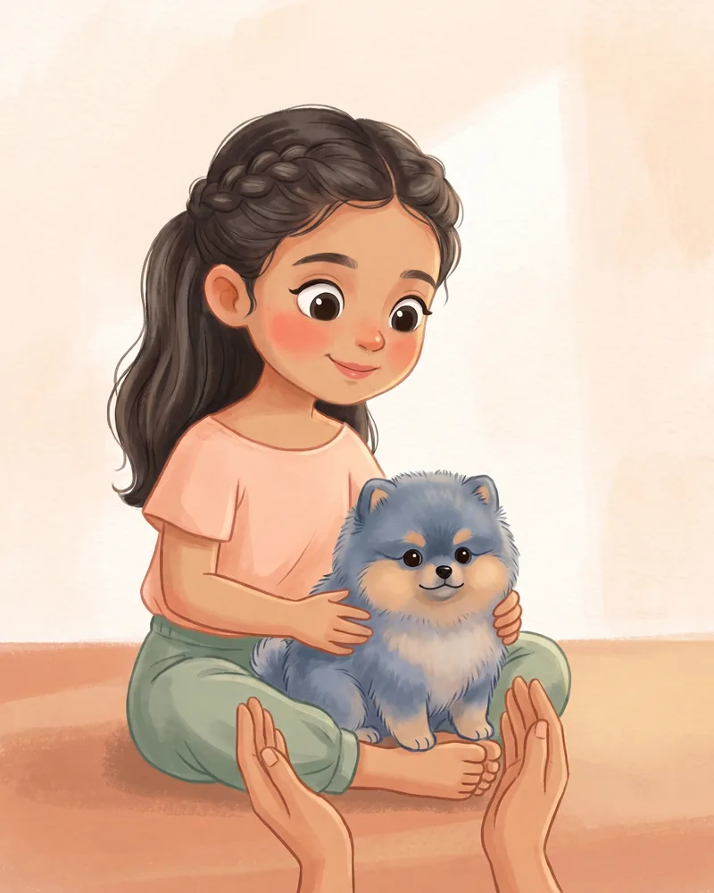 Una niña sentada en el piso sostiene al cachorro en su regazo mientras las manos de un adulto lo esperan por debajo.