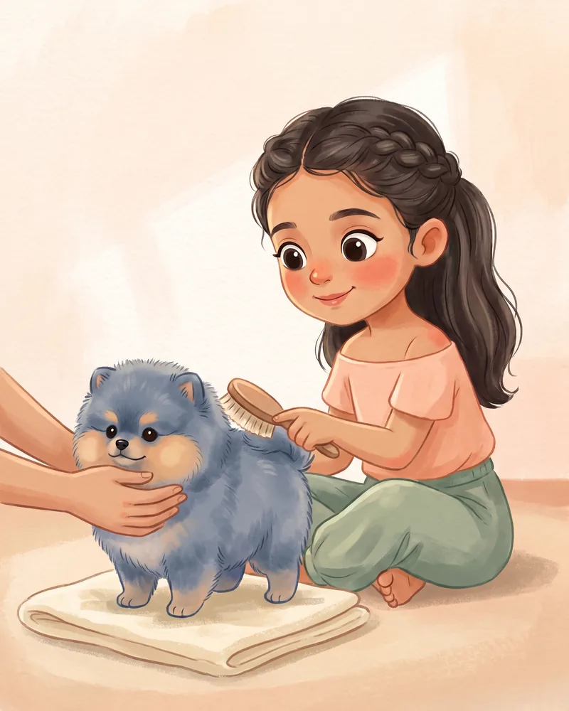 Una niña cepilla suavemente el lomo del cachorro sobre una toalla mientras un adulto lo sostiene.