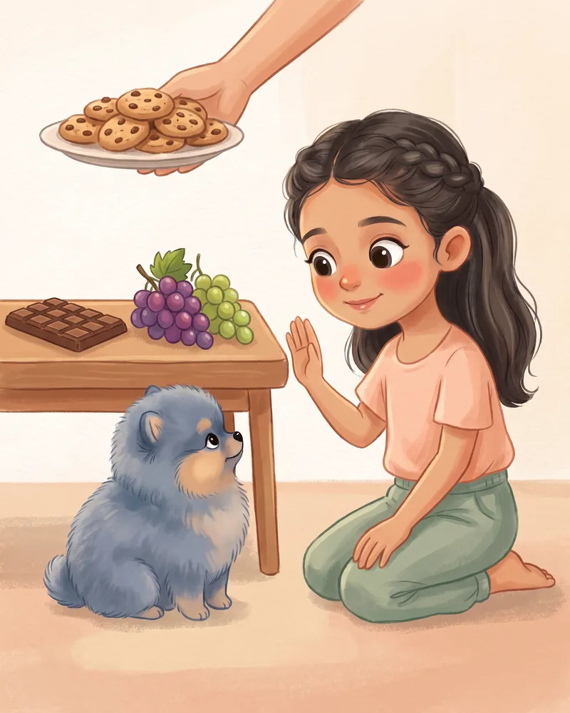 Un adulto levanta un plato de galletas fuera del alcance del cachorro; en la mesa hay chocolate y uvas y la niña hace señal de alto.