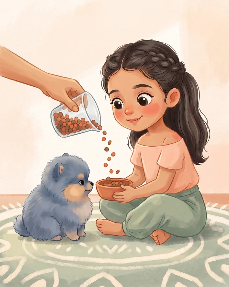 Un adulto vierte croqueta de una taza en el plato que sostiene la niña mientras el cachorro espera sentado.