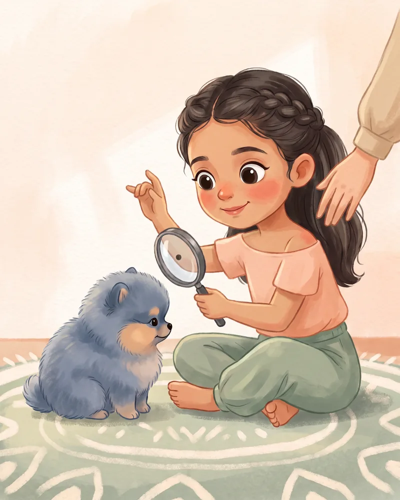 Una niña mira con una lupa el pelo del cachorro y avisa a un adulto que encontró un puntito oscuro.