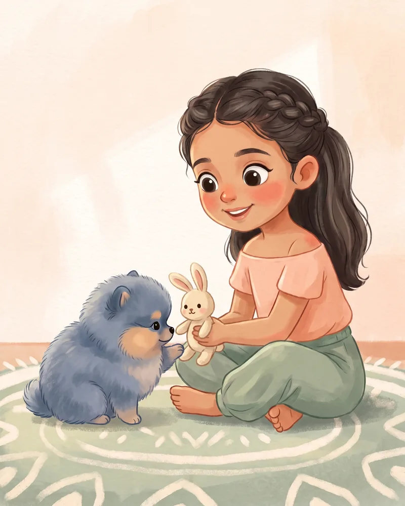 Una niña ofrece un conejito de peluche a un cachorro Pomerania que lo toca con la patita.