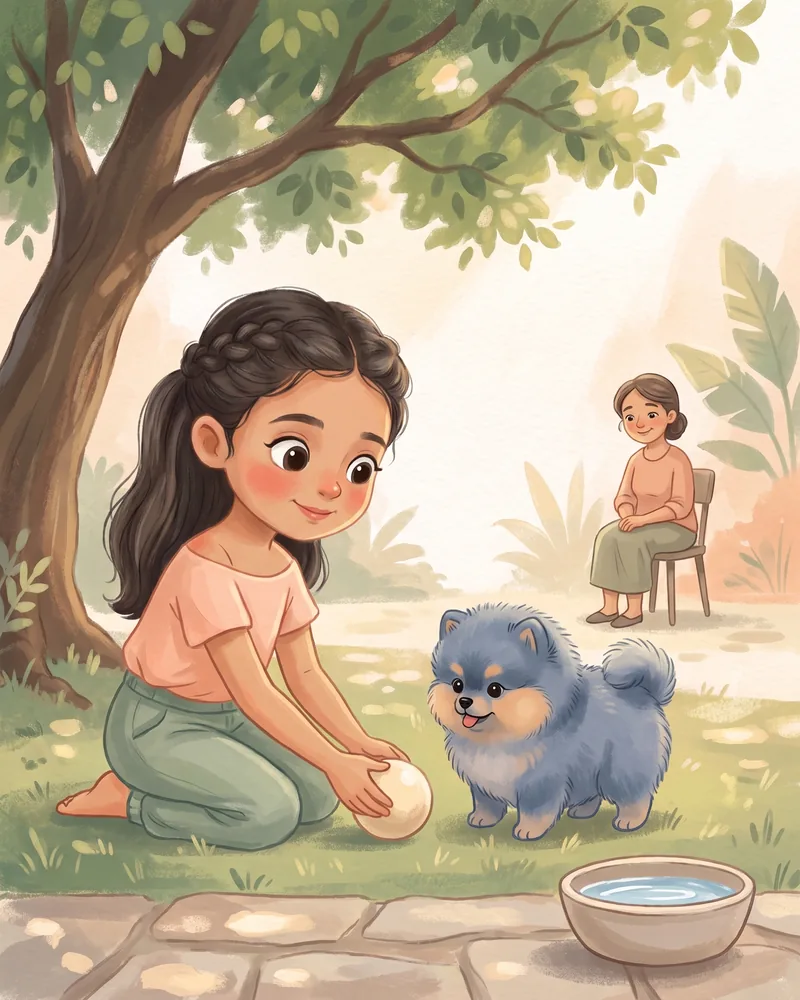 Una niña rueda una pelota suave al cachorro bajo un árbol; hay un plato de agua y una adulta los mira desde una silla.