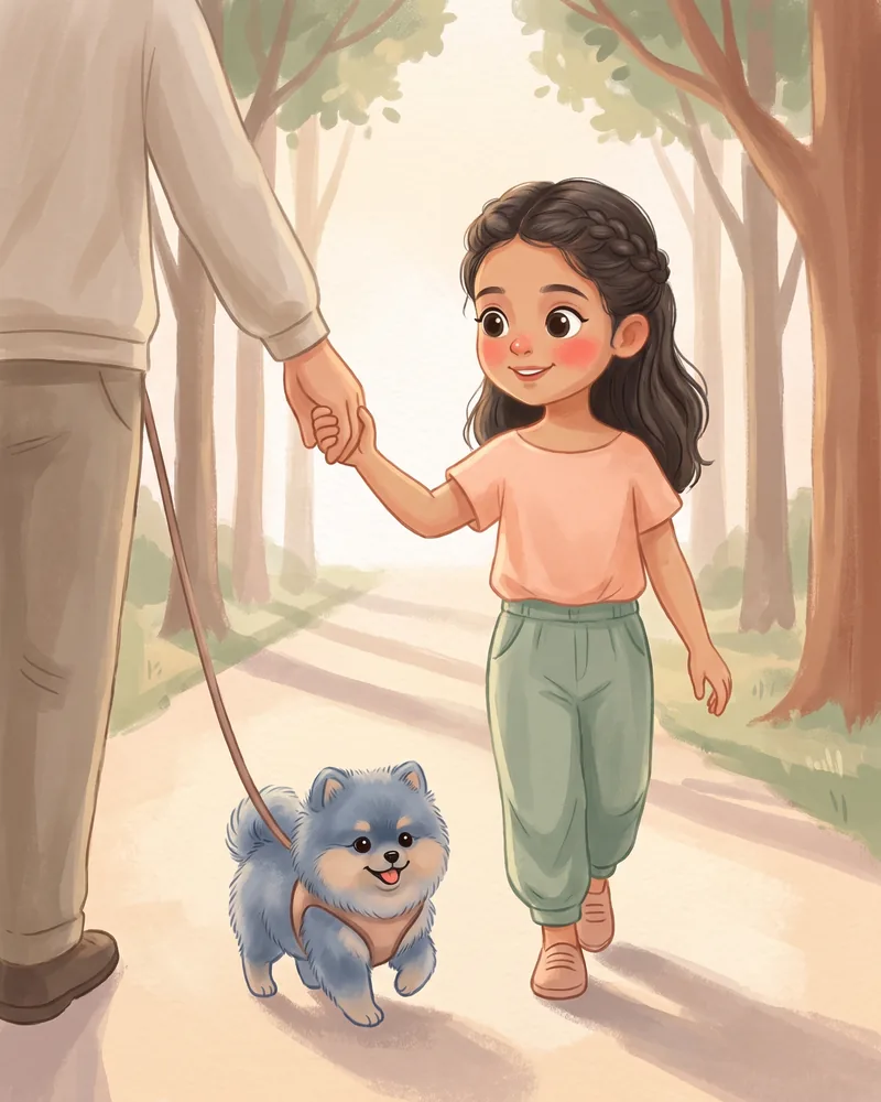 Una niña camina de la mano de un adulto por un camino con árboles; el cachorro con pechera va delante.