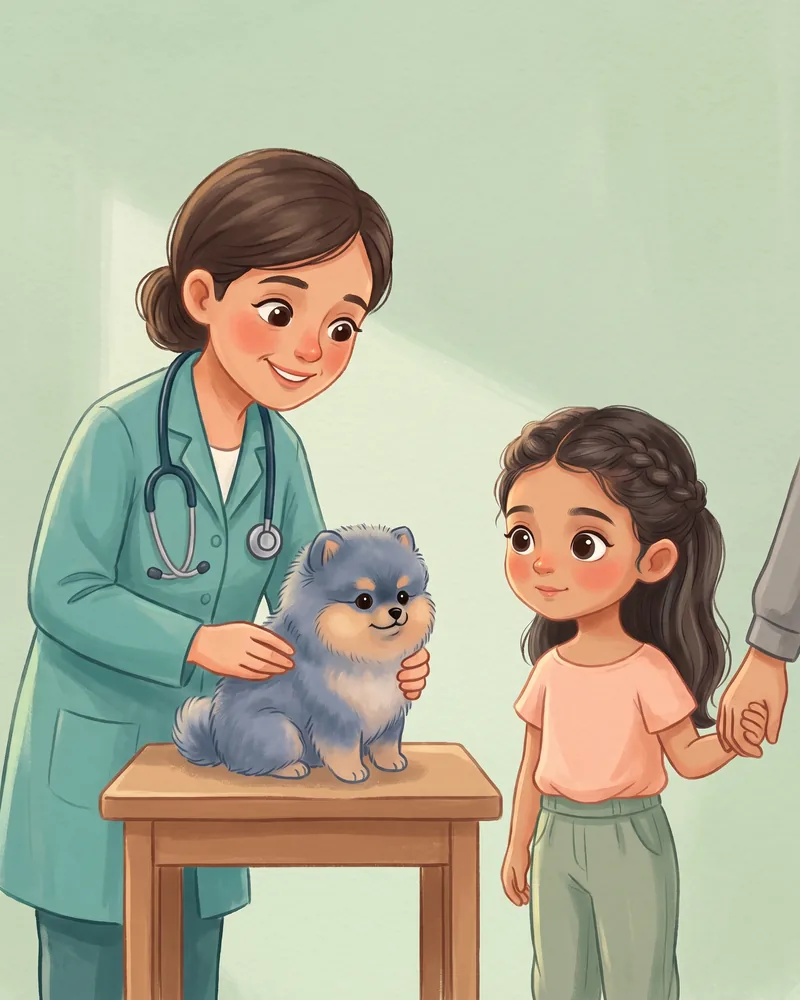 Una veterinaria con estetoscopio revisa al cachorro sobre la mesa mientras la niña mira de la mano de un adulto.