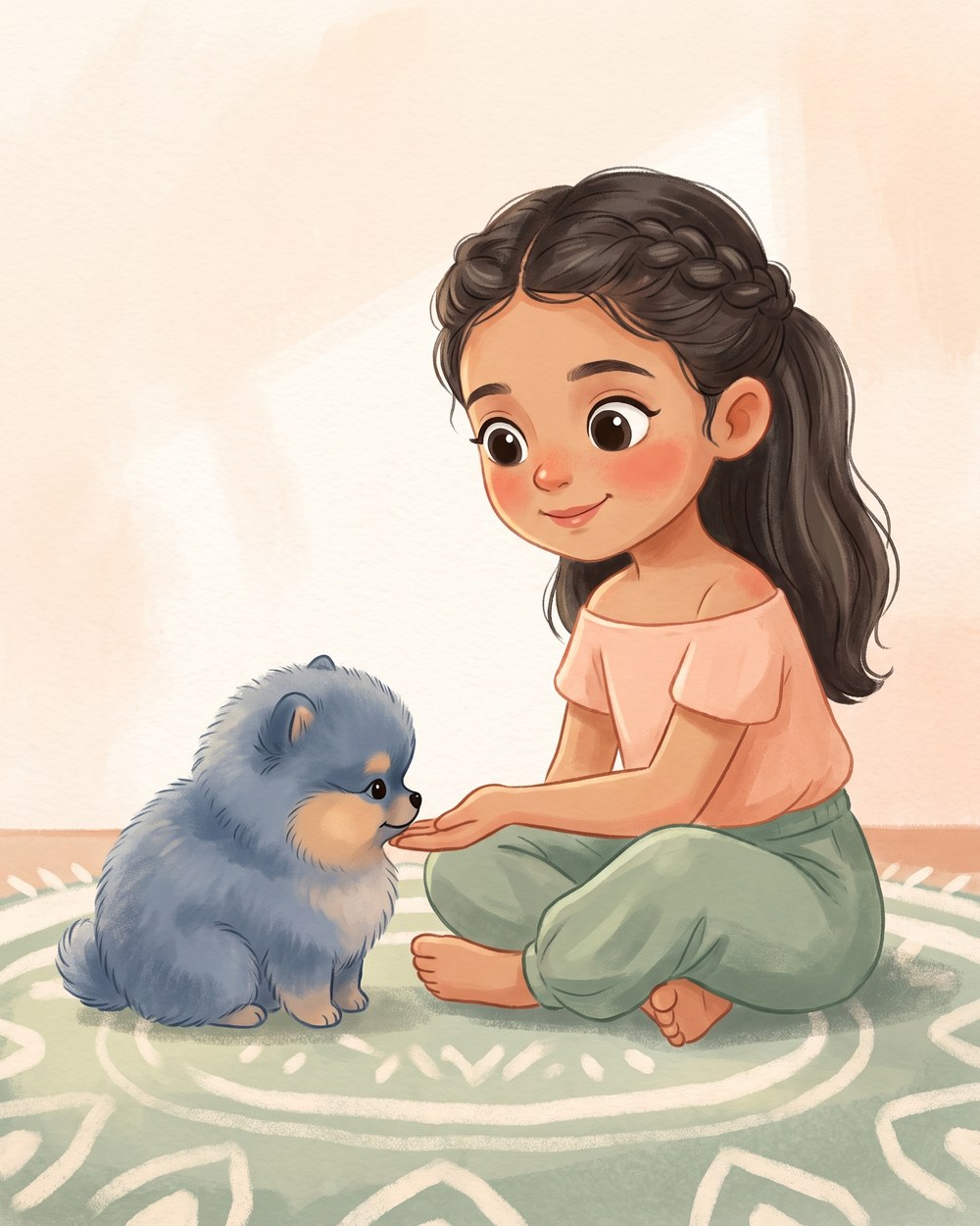 Una niña sentada en el piso extiende la mano abierta para que un cachorro Pomerania azul la huela.